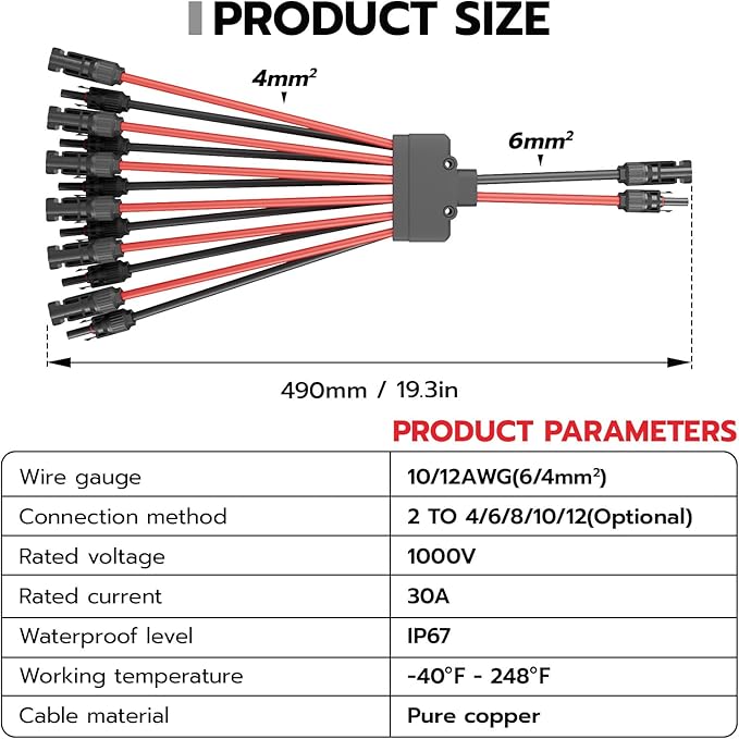 1 Pair Solar Panel Connectors Y Branch 2 to 12,Solar Parallel Connectors for 2-6 Solar Panels,10AWG