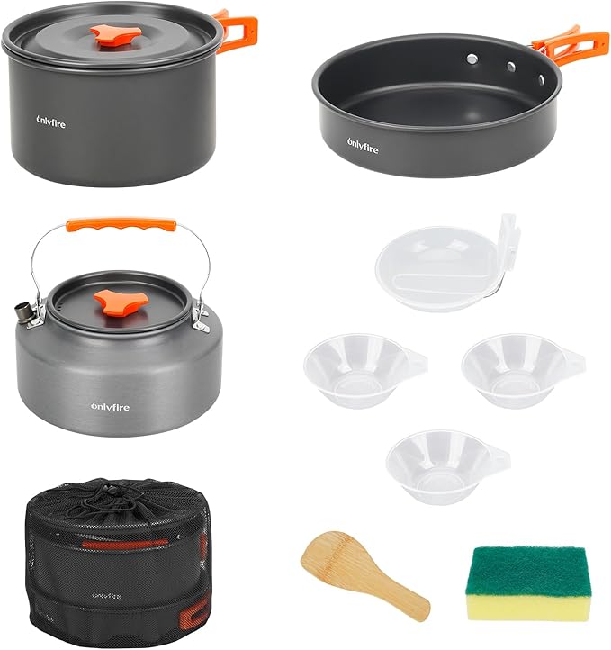 Onlyfire 10pcs Camping Cookware Mess Kit, Non-Stick Lightweight Pot Pan Kettle Set with Plates