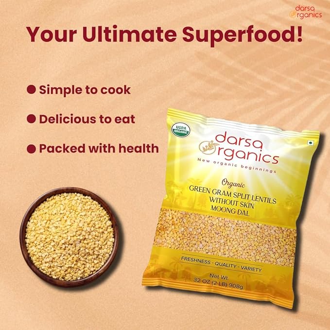 Darsa Organics Yellow Moong Dal (Split Yellow Mung Beans) 2 lb - USDA Organic, Non-GMO