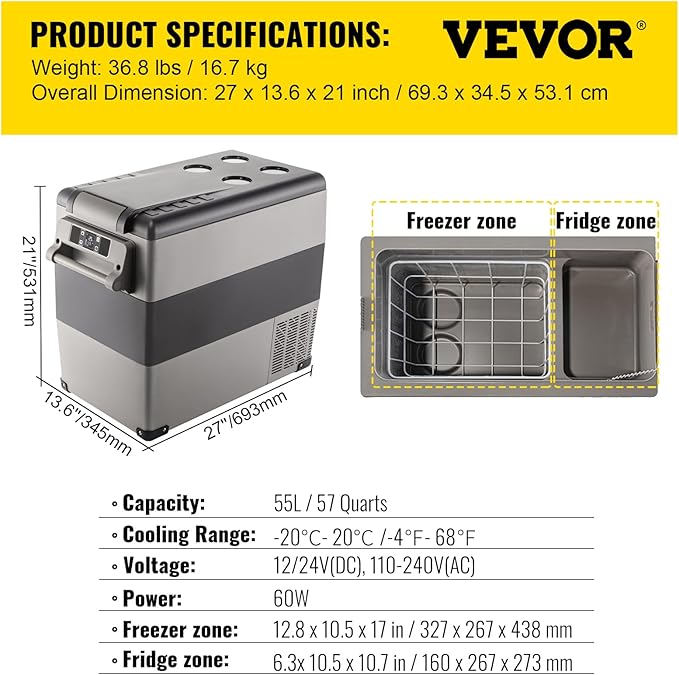 VEVOR CF55 12 Volt 58 Qt Refrigerator, Dual Zone Portable Compressor 12/24V DC and 110-240V AC