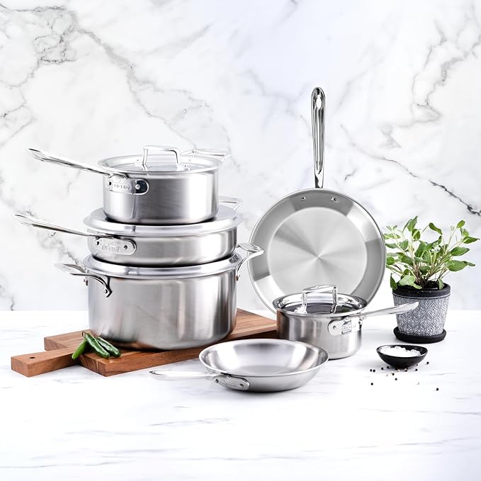 All-Clad D5 Brushed 5 Ply Stainless Steel Cookware Set 10 Piece w/ Frying Pans, Pots and Pans Set