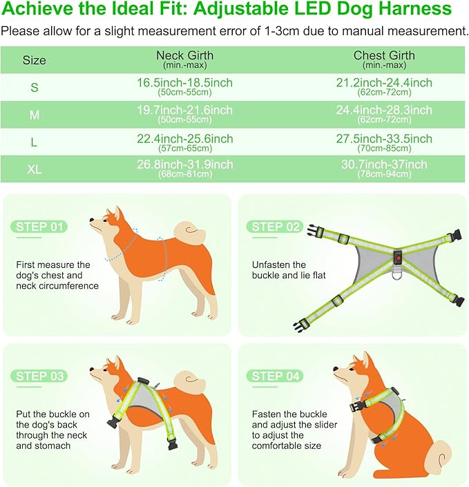 Visinite LED Dog Harness, USB Rechargeable Light Up Dog Vest, 2 Illuminate Modes Glow in The Dark