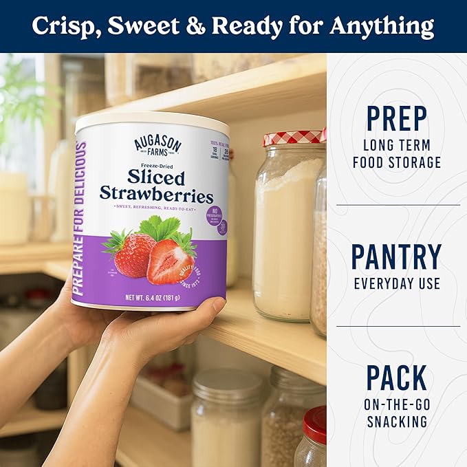 Augason Farms Freeze Dried Sliced Strawberries Can - Gluten Free Snack for Baking, Smoothies, and