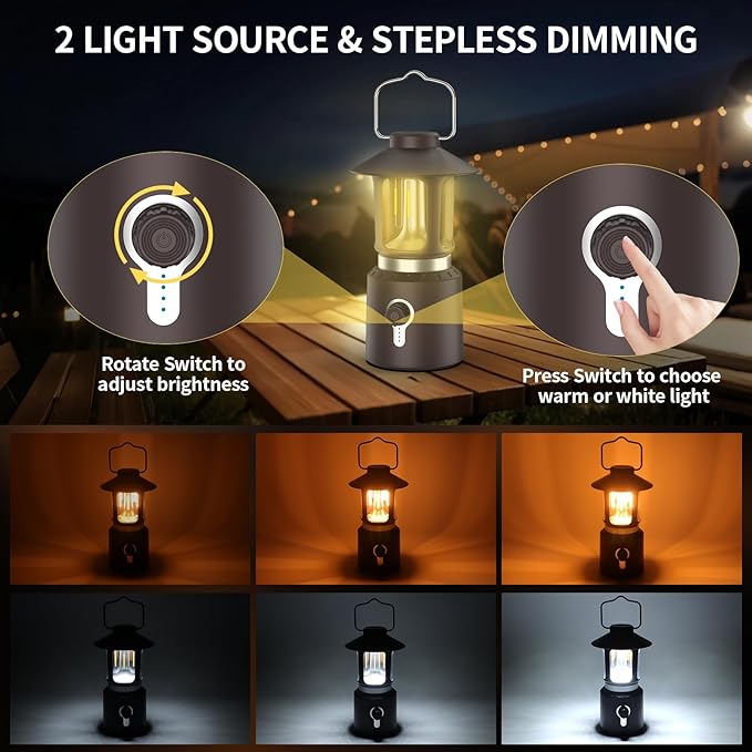 Retro Classic LED Camping Lantern, Rechargeable Stepless Dimming Vintage Lantern, 3 Light Modes