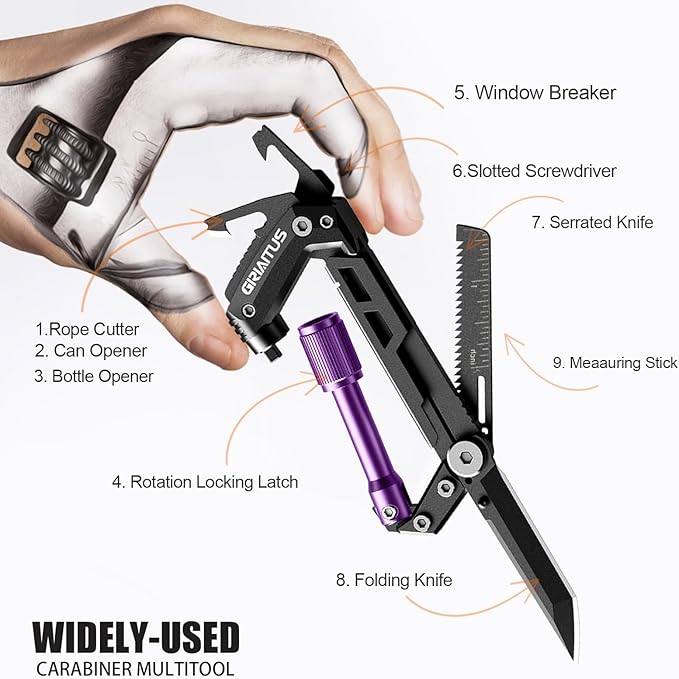 Carabiner Multitool with Pocket Knives, EDC Carabiners, Serrated Knife, Rope Cutter, Screwdriver