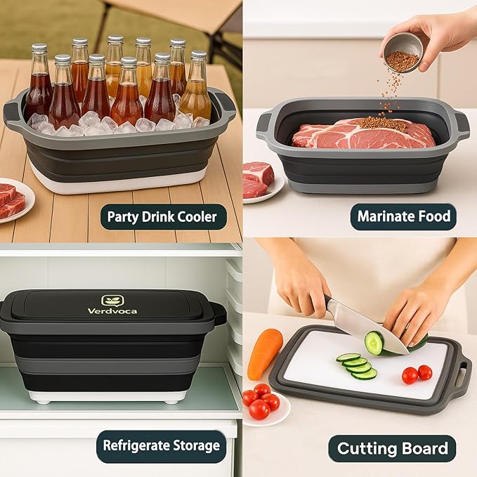 Collapsible BBQ Prep Tubs with Lids, Grill Cutting Board, Camping Sink with Drainage Hole for Meal