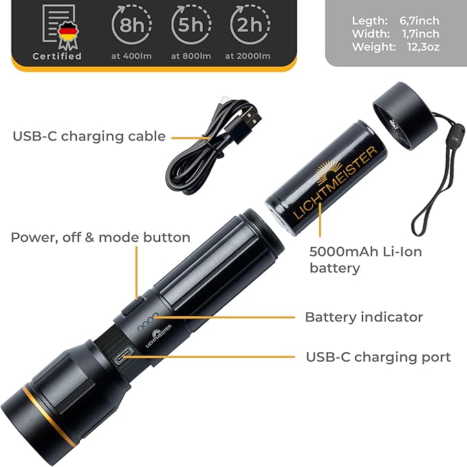 LICHTMEISTER® Flashlight (2000 Lumens, 5000 mAh Battery) ??Rechargeable Flashlight ??Flashlights