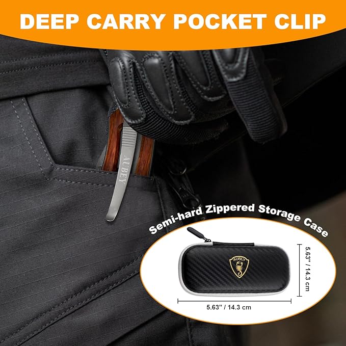 AUBEY Damascus Folding Pocket Knife Handmade with Clip for Men, Damascus Hunting Knife EDC Knife