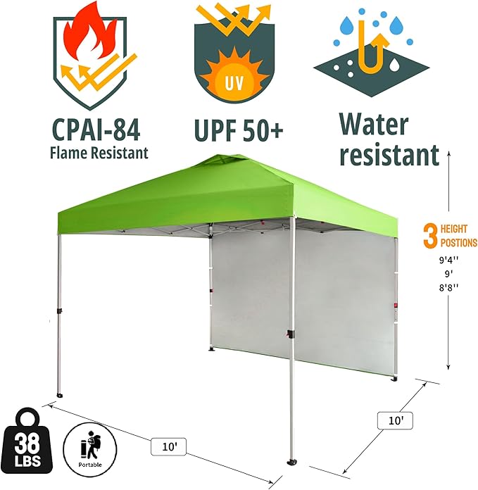 CROWN SHADES 10x10 Pop Up Canopy with 1 Side Wall - Beach Tent with One Push Setup - Outdoor Sun