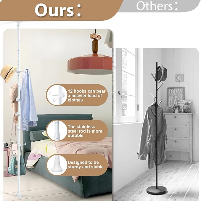 Coat Rack Freestanding, 56 to 125 inch Adjustable Tension Rod Coat Tree with 12 Hooks for Hanging