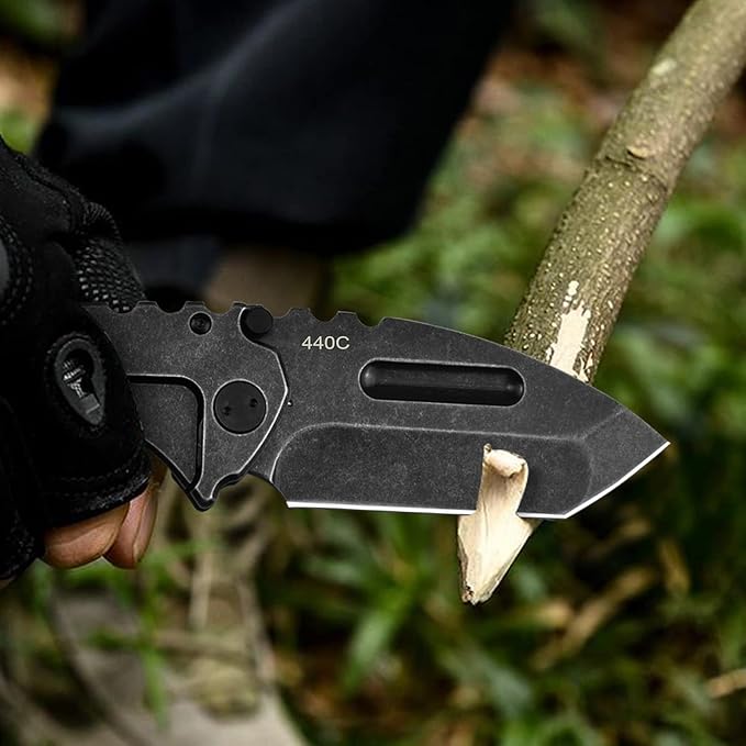 AUBEY Folding Pocket Knife with Tanto Tumbled 440C Steel Blade, Frame Lock, Black G10 Handle, Clip
