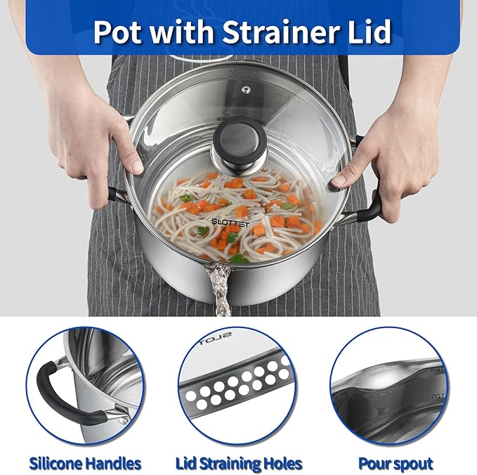 6 Quart Stainless Steel Stock Pot with Strainer Glass Lid,6 Qt Soup Pot Multipurpose Stockpot with