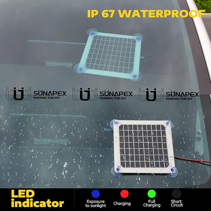 SUNAPEX Solar Battery Charger Maintainer, 5W 12V Portable Waterproof Solar Panel Trickle Charger