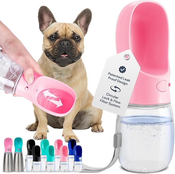 MalsiPree Dog Water Bowl Dispenser - 12 oz, Pink - One-Hand Operation & Dog Water Bottle Portable