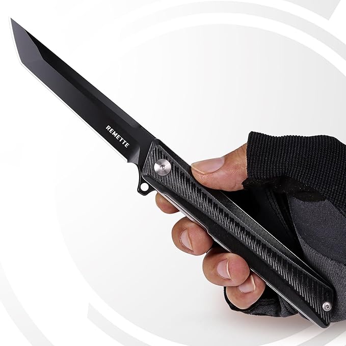 Tactical Folding Pocket Knife GD22K, 3.6" Black PVD Tanto Blade Flip Open with Durable G10