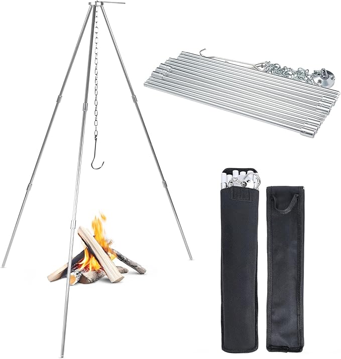 Tactiko Survival Campfire Cooking Tripod ??33" Stainless Steel Folding Stand with Adjustable Chain
