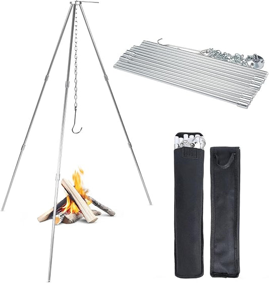 Tactiko Survival Campfire Cooking Tripod ??33" Stainless Steel Folding Stand with Adjustable Chain