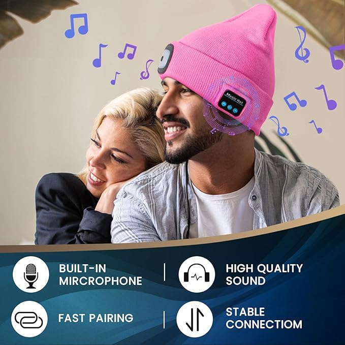 Bluetooth Beanie Hat with Light, USB Rechargeable LED Headlamp with Wireless Headphones, Gifts for