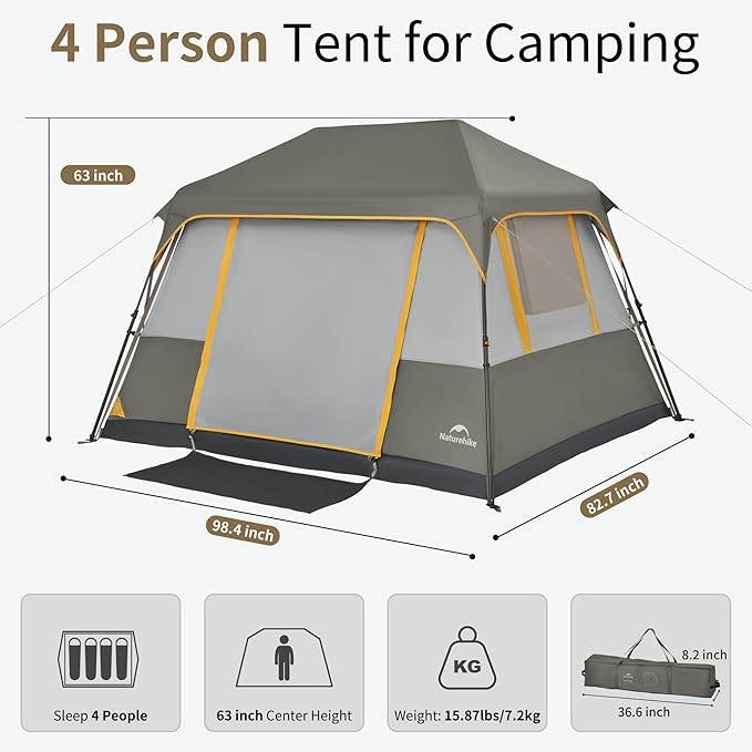 Naturehike Cape 4/6/8 Person Camping Tent, 60S Easy Setup Instant Tent Pop up Tent, Waterproof