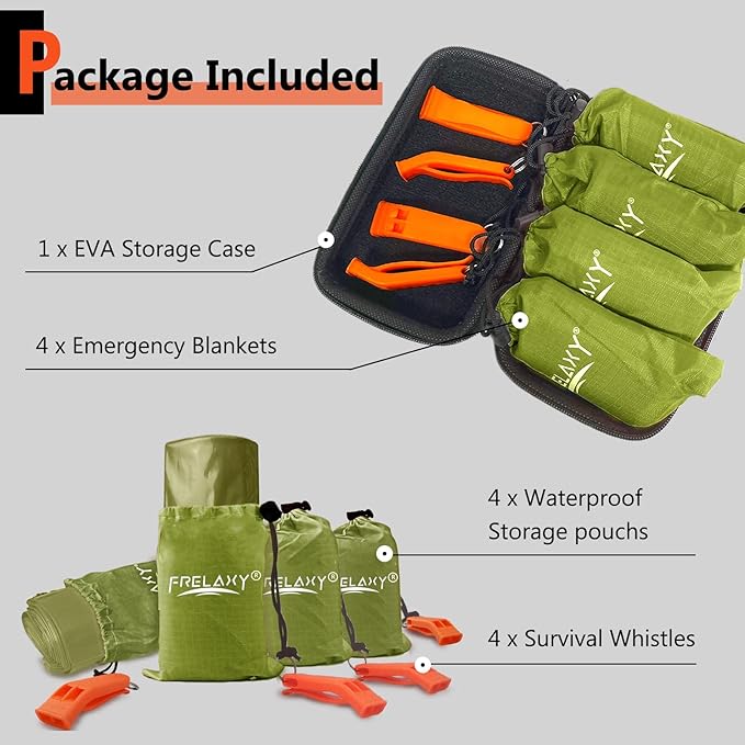 Frelaxy Emergency Blanket 2-Pack/4-Pack, Extra-Thick Extra-Large Space Blankets with Whistles