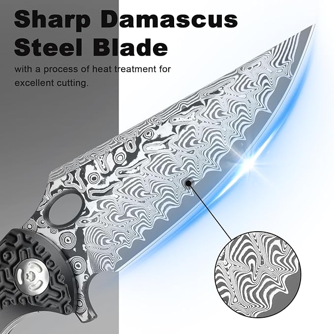 Pocket Knife for EDC Damascus Pocket Knife with Black Aluminum Handle 3.3" Damascus Blade Pocket