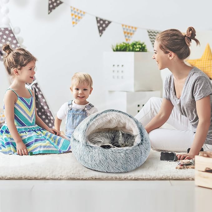CATISM Cozy Cat Pod - Plush Hooded Cat Bed Cave, Self Warming, Removable Washable with Non-Slip