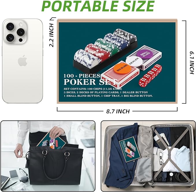 Poker Chip Travel Set, 100PCS 5 Color Professional Poker Chips in Cardboard Gift Box, 11.5 Gram