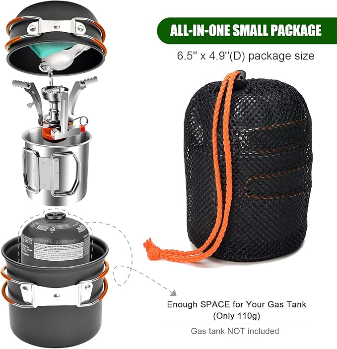 Odoland 8pcs Camping Cookware Mess Kit, Camping Pot and Pan Set with Mini Backpacking Stove