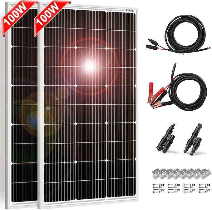 DOKIO 200W Solar Panel Kit (2×100W) 9-Busbar Monocrystalline with Aluminum Frame and MC4, Mounting