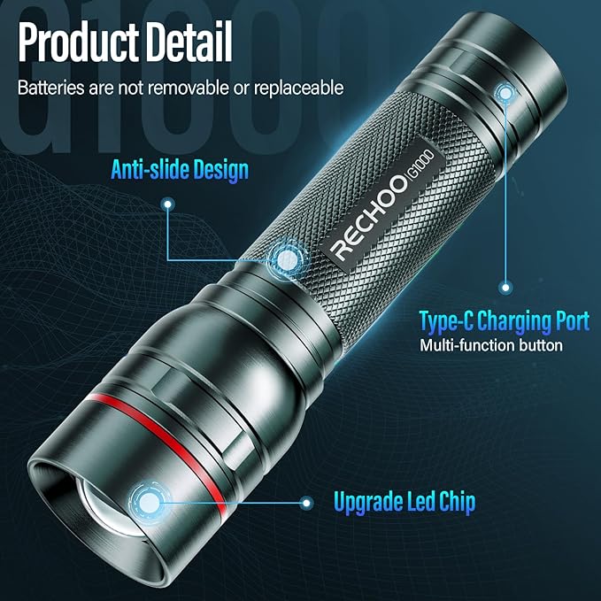 Rechargeable Flashlights High Lumens, G1000 Super Bright Flash Light Grey, Small Zoomable LED