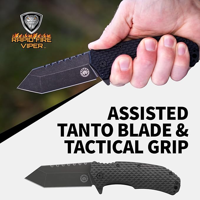 Off-Grid Knives - Rapid Fire Viper, Assisted Tanto Blade, Hard Use Build, Tactical, Camping &