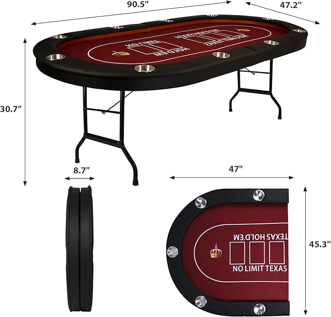 Upgrade 91'' Foldable Poker Table for 10 Players - Large Casino Table with Stainless Steel Cup