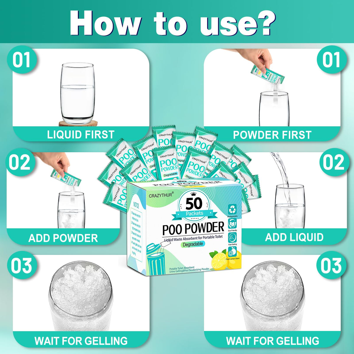 Poo Powder for Portable Toilet Gel Powder, Camping Toilet Gel 50PCS