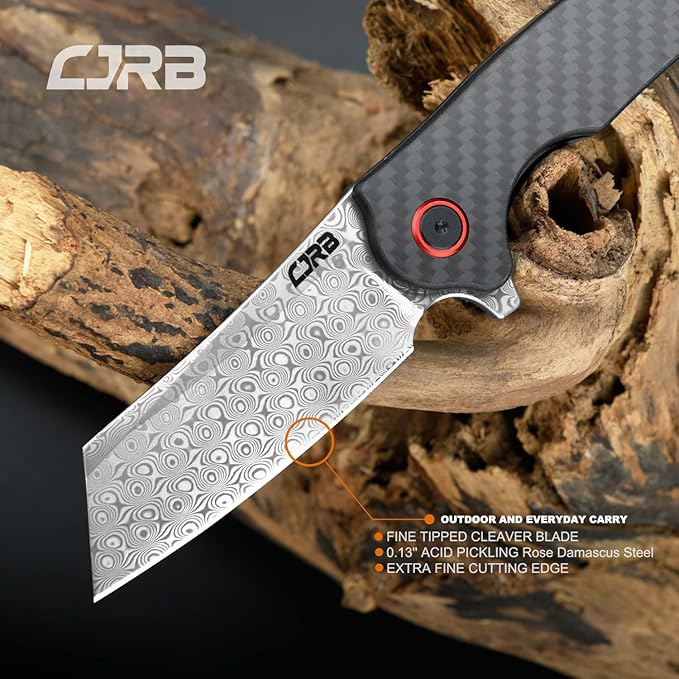 CJRB Crag Folding Pocket Knife, 3.43" Rose Damascus steel Blade Carbon Fiber Handle EDC Knife with