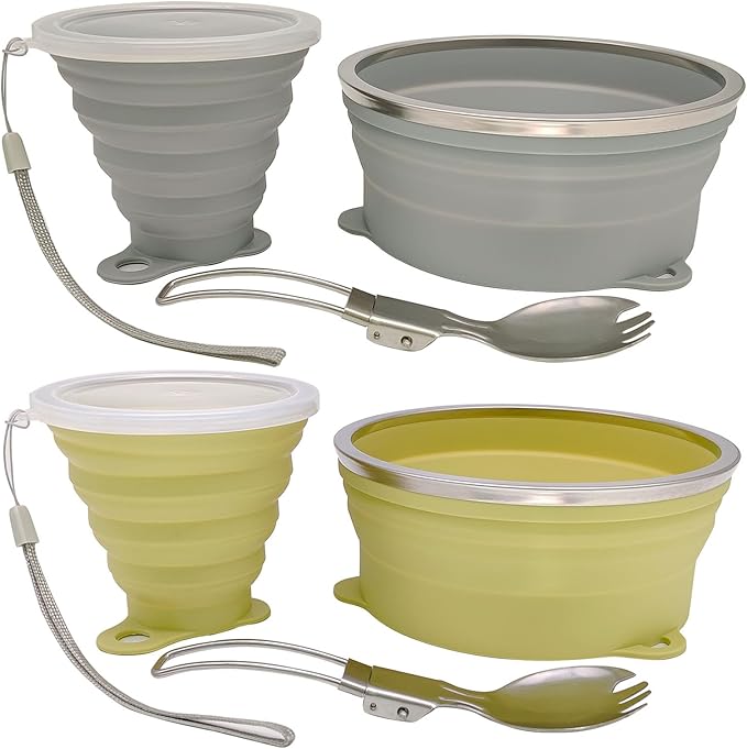 Mess Kit for Camping Silicone Collapsible Bowl Collapsible Cup and Stainless Steel Spoon for
