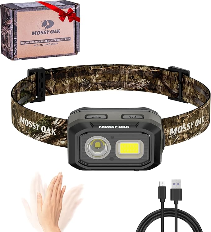 Mossy Oak 600 Lumens LED Headlamp, Dual Power Source, Motion Sensor Head Lamp with Magnetic Base