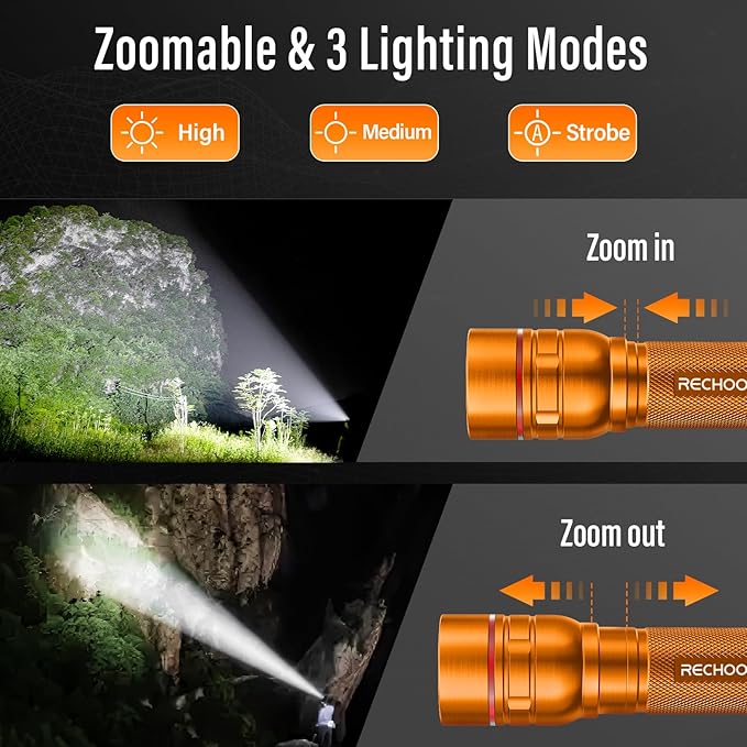 Rechargeable Flashlights High Lumens, G1000 Super Bright Flash Light Orange, Small Zoomable LED