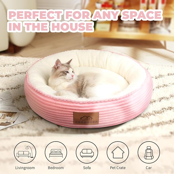 23in Pink Round Cat Dog Bed for Large Medium Small Dogs Cats, Machine Washable Sleeping Sofa