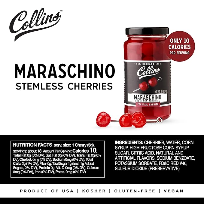 Collins Stemless Maraschino Cherries, Garnish for Cocktails, Desserts, Manhattans, and Old