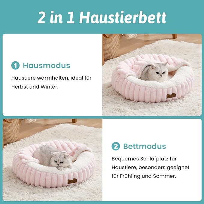 Cat Bed with Hooded Blanket, Round Fluffy Anti-Anxiety Pet Bed for Cats/Toy Breed Dogs, Cozy Donut