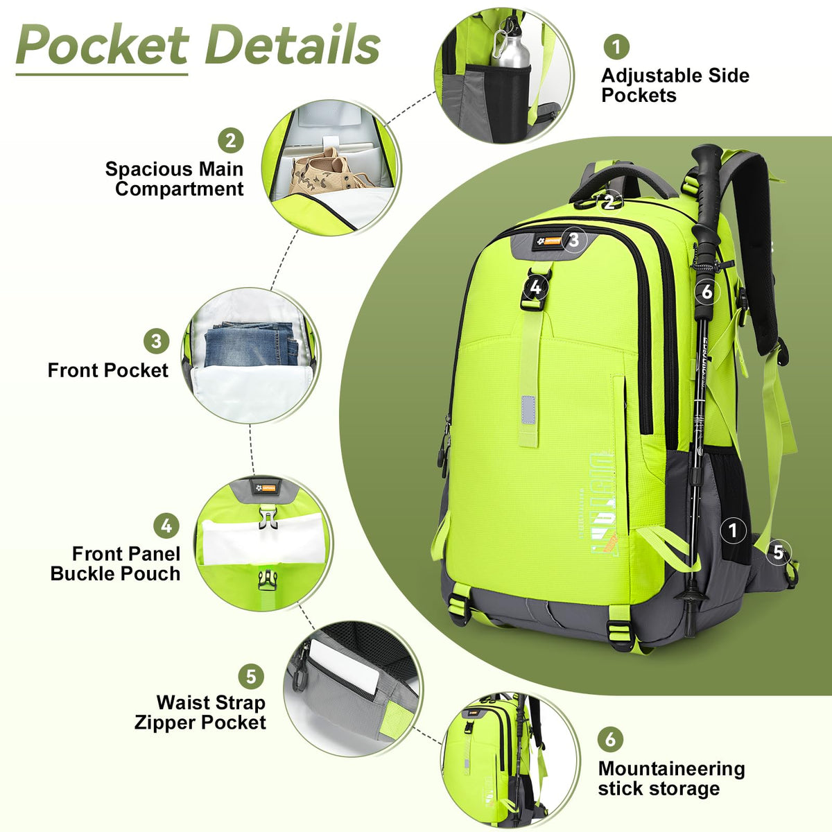 Super Eager Hiking Backpack - 50L, Waterproof, Green - product view 3