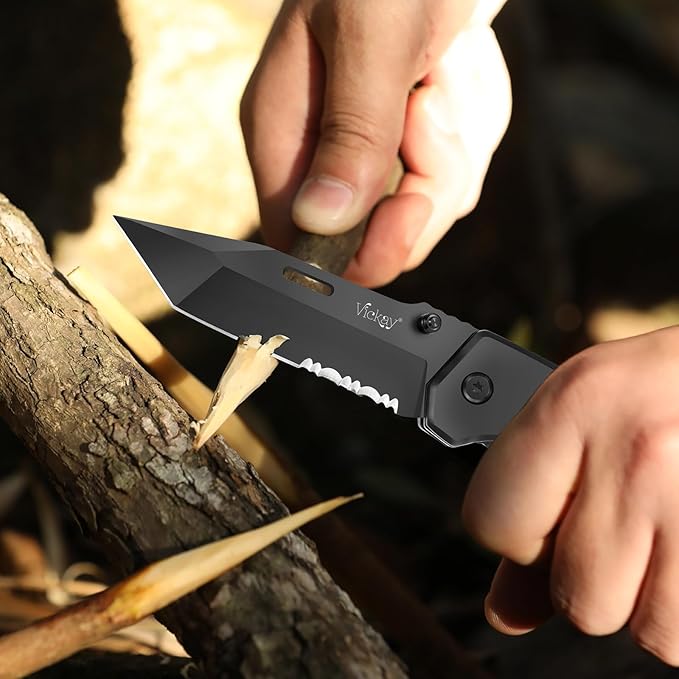 Vickay Pocket Knife, Folding Knife with Clip - 3.54??Black Serrated Steel Blade, Wood Handle EDC