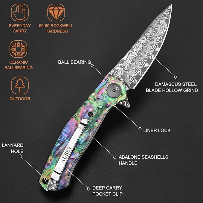 AUBEY Damascus Pocket Knife for Women Men, Sharp 3.23" Damascus Steel Blade Knife with Clip, EDC