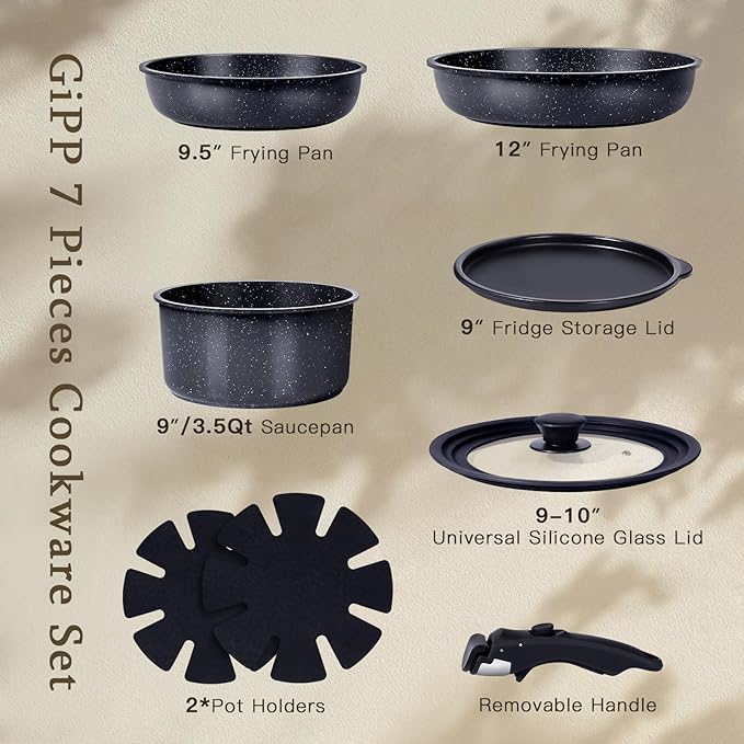 GiPP Ceramic Pots and Pans Set Non Stick, Nonstick Detachable Handle Cookware Sets, Healthy Non