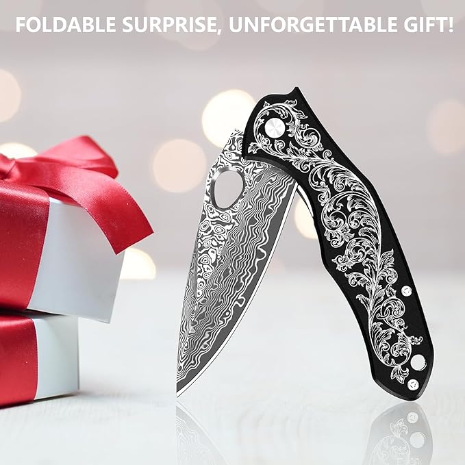 KOMWERO Damascus Pocket Knife with 2.95" VG10 Steel Blade, Folding Knife with Aluminum Alloy