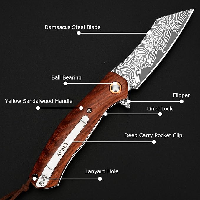 AUBEY Pocket Knife for EDC, 3.15" VG10 Core Damascus Steel Blade Folding Knife with Wood Handle