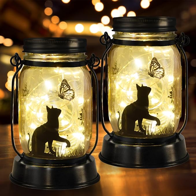 kyoryuger Cat Solar Lanterns 2PACK Cat Lover Gifts for Women Mom Grandma Christmas Cat Gifts for