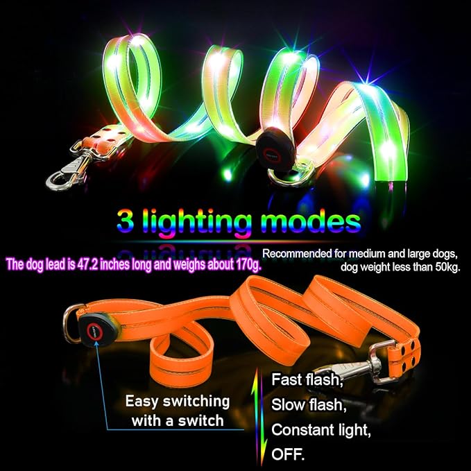 LED Waterproof Pet Dog Leash USB Rechargeable Fashionable Color Glow in The Dark Night Walk Safety
