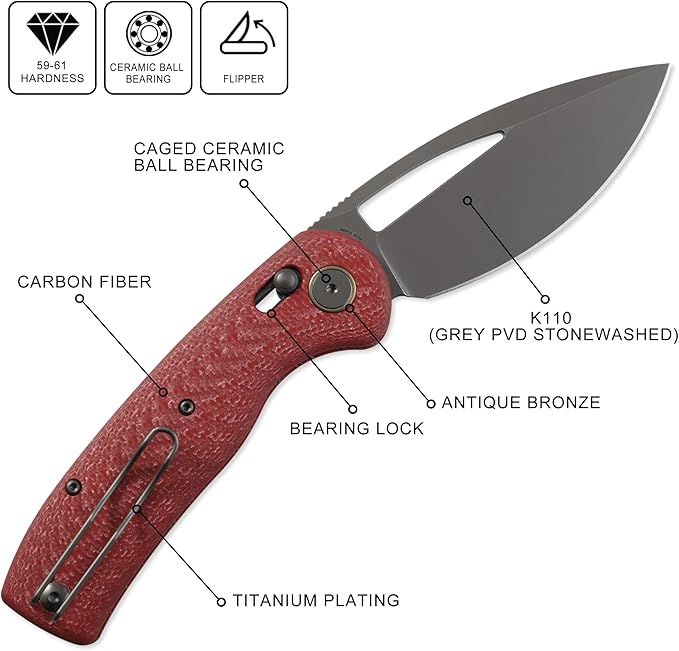 Petrified fish PFP13 Viper Folding Knife,3.5" K110 Steel Stonewashed Blade Carbon Fiber Handle