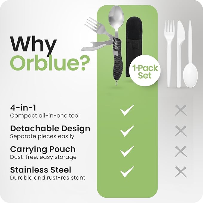 Orblue 4-in-1 Camping Utensils, 1-Pack, Portable Stainless Steel Spoon, Fork, Knife & Bottle Opener
